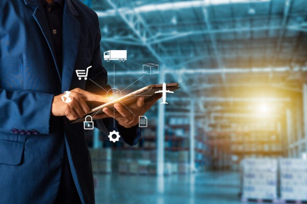 Businessman Manager Touching Icon Of Logistics On Tablet He Chec